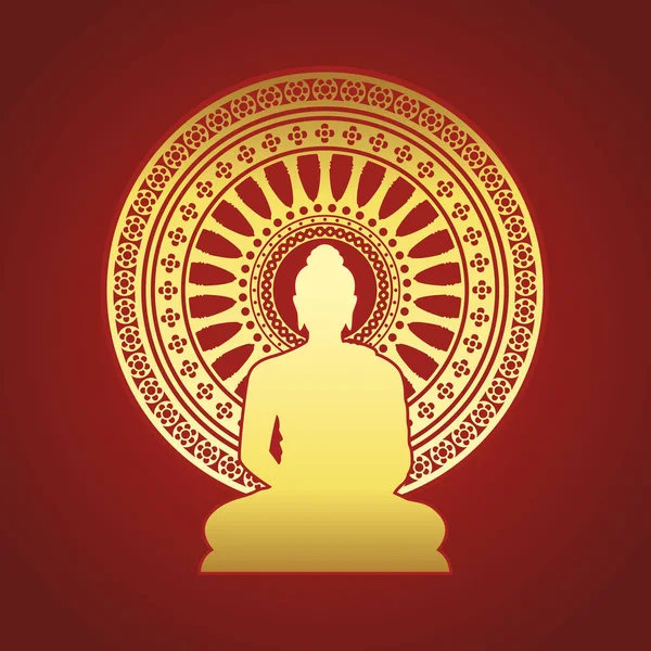 Kırmızı Kahverengi Arka Plan Vektör Tasarımında Altın Buda Heykeli Dharmachakra — Stok Vektör
