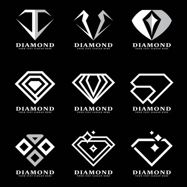 Silber Diamond Logo Zeichen Auf Schwarzem Hintergrund Vektor Illustration Set — Stockvektor