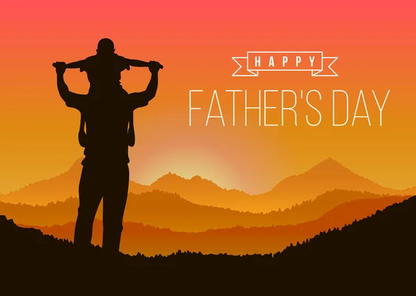Happy Father Day Silhouette Son Riding His Father Neck Mountain — Stock Vector
