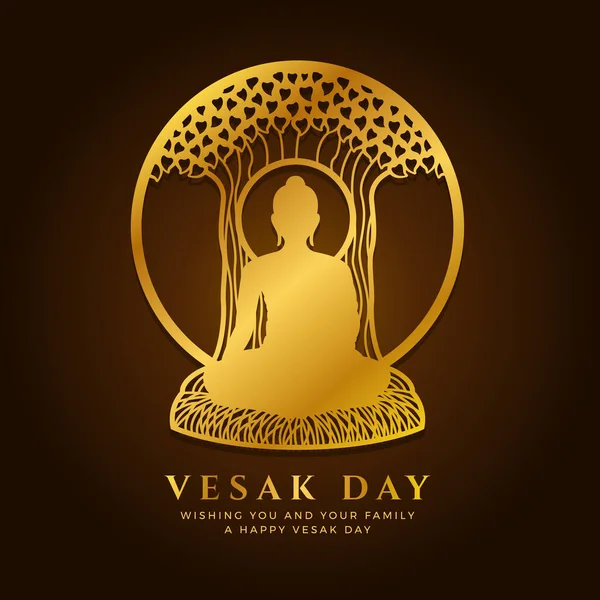 Πανό Ημέρας Vesak Gold Buddha Διαλογιστείτε Κάτω Από Δέντρο Bodhi — Διανυσματικό Αρχείο