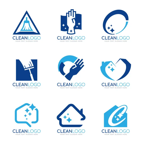 Blue Clean Logo Home Cleaning Shine Light Sign Set Design — стоковый вектор