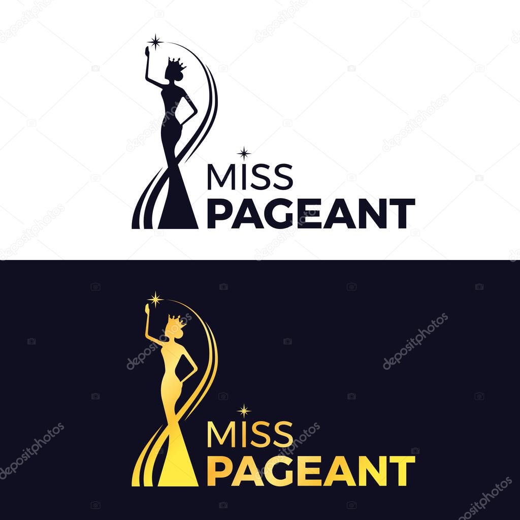 Miss pageant logo - black and gold The beauty queen pageant wearing a crown and reaching for the stars sign vector design