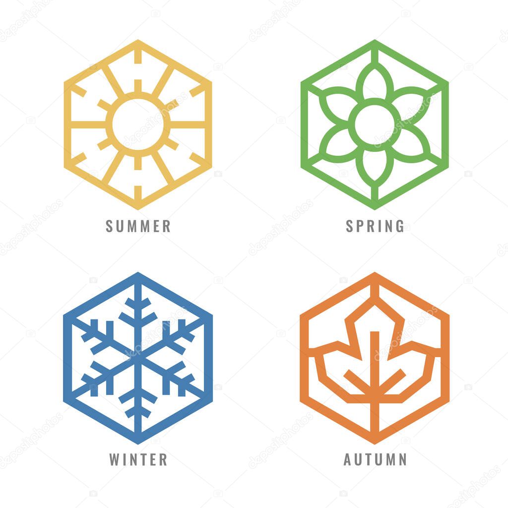 Four season Hexagon icon  with sun sign for summer flower sign for spring snow sign for winter and Maple leaf for autumn vector design