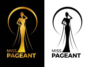 Miss lady pageant logo sign with Gold and black woman wear Crown in circle ring vector design clipart