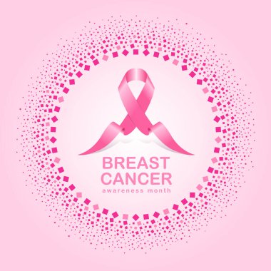 Göğüs kanseri farkındalık ayı pankartı ve soyut daire çerçeve tasarımı pembe kurdele işareti