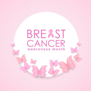 Göğüs kanseri farkındalık ayı pankartı pembe kurdele işareti ve beyaz daire ve çerçeve vektör tasarımının etrafındaki kelebek üzerine yazı