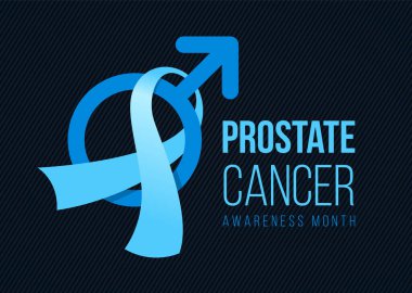 Prostat kanseri farkındalık ayı pankartı. Koyu arkaplan vektör tasarımında mavi ışık kurdelesi ve erkek işareti var.