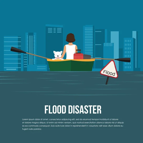 Desastre Inundación Con Banner Advertencia Inundación Mujer Perro Barco Diseño — Vector de stock