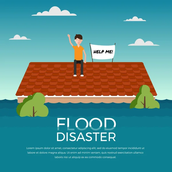 Dezastru Inundații Ajută Banner Acoperișul Designului Vectorial Casei — Vector de stoc