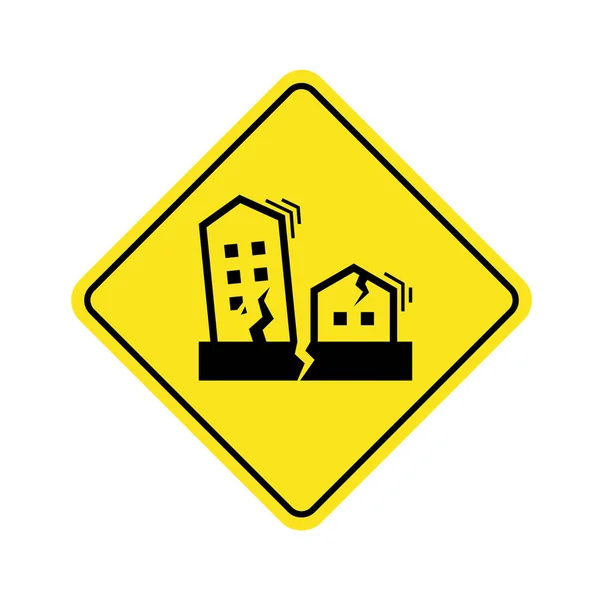 黄色示警标志矢量设计中带有房屋和建筑物裂缝与震动的地震符号概念 — 图库矢量图片