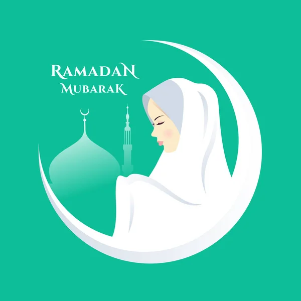 Ramadán Mubasak Banner Con Respeto Las Mujeres Islam Luna Blanca — Vector de stock