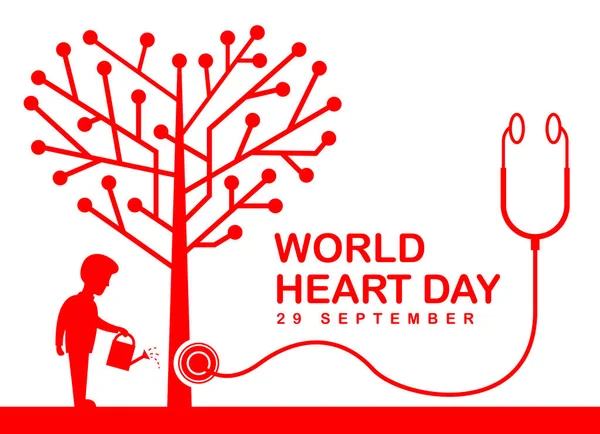 Banner Dia Coração Mundial Com Humano Rega Uma Árvore Coração —  Vetores de Stock