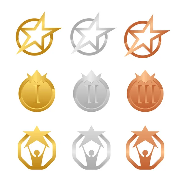 Gold Silver Bronze Award Medals Star Crown Concept Vector Set Vector Graphics