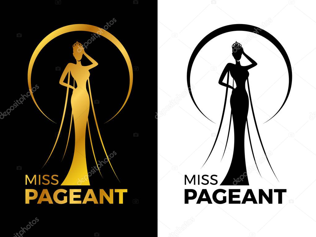 Miss lady pageant logo sign with Gold and black woman wear Crown in circle ring vector design