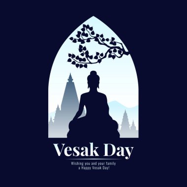 Vesak day banner with Silhouette Buddha statue sign in window view vector design
