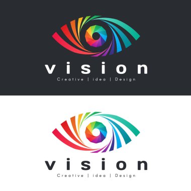 eye vision logo with abstract colorful rainbow eye on dark and white background vector design