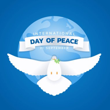 international day of peace banner with white dove with leaf are flying on blue circle wolrd background vector design