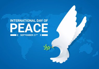 international day of peace banner with white dove with leaf on blue world map background vector design