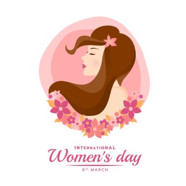 International women's day banner with woman lady brown long hair and pink flora vector design