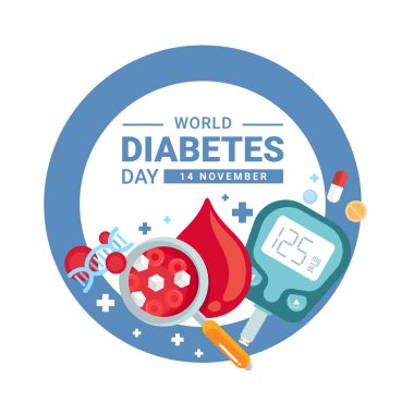 world diabetes day banner with Blood sugar magnifier ,DNA ,drug ,Glucose meter in blue circle ring vector design clipart