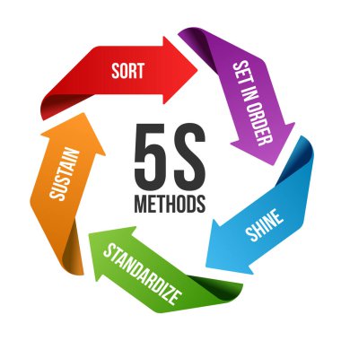 5S methodology management with circle arrow roll chart. Sort. Set in order. Shine/Sweeping. Standardize and Sustain. Vector illustration design