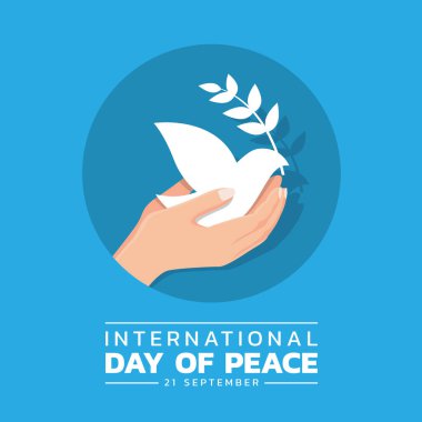 international day of peace banner - hand hold care white dove with olive leaf in circle blue background vector design
