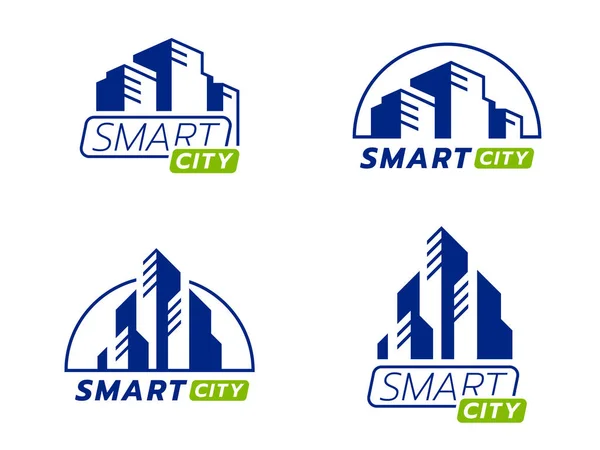 Blue Green Smart City Logo Sign Modern Abstract Isometric Building — ストックベクタ