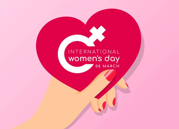 International Women Day Concept Hand Woman Hold Pink Heart Banner — Stockvector