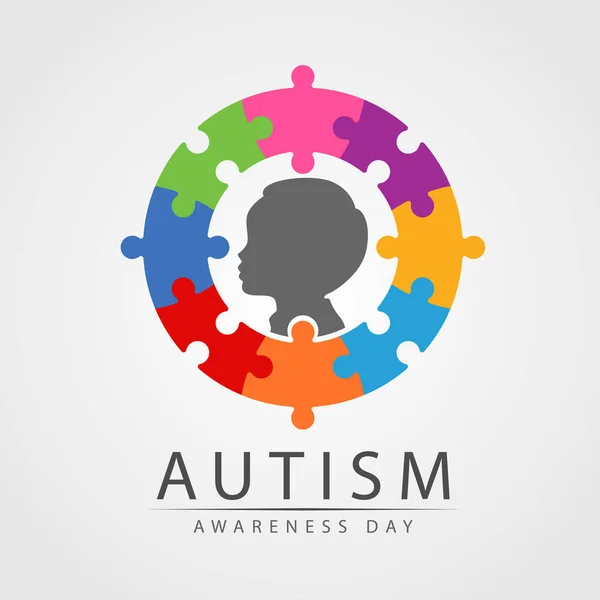 Autism Awareness Day Banner Child Circle Colorful Jigsaw Vector Design — Vector de stock