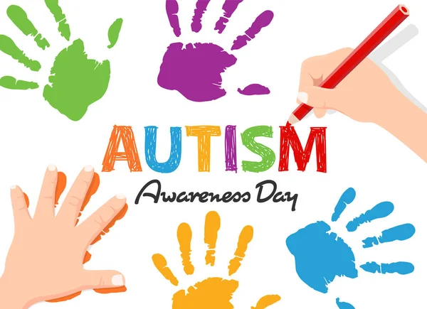 Autism Awareness Day Banner Child Hand Write Text Doing Fingerprint — Vector de stock