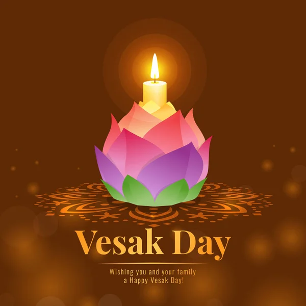 Happy Vesak Day Banner Lotus Lamp Light Worshiping Buddha Vector — Διανυσματικό Αρχείο