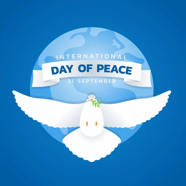 International Day Peace Banner White Dove Leaf Flying Blue Circle — Vector de stock
