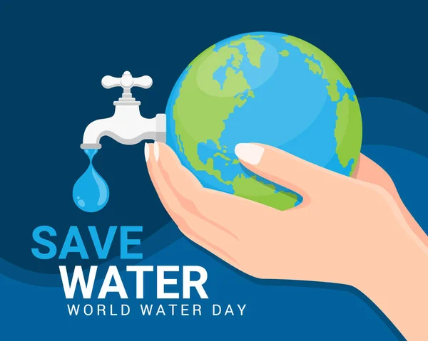 Water World Water Day Banner Hand Hold Earth Faucet Water — Archivo Imágenes Vectoriales