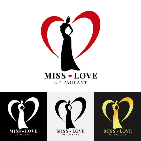 Miss Love Pageant Logo Sign Woman Wear Crown Line Heart — Stock vektor