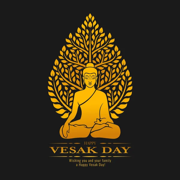 Happy Vesak Day Gold Buddha Meditate Bodhi Tree Dark Background - Stok Vektor