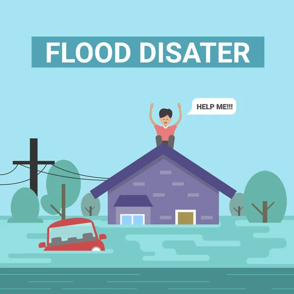 Flood Disaster Concept Human Roof Home Say Help Car Flood — Stock vektor