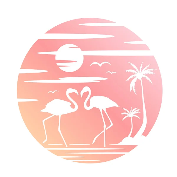 Couple Flamingo Beach Sun Sweet Pink Yellow Circle Background Vector — Vector de stock