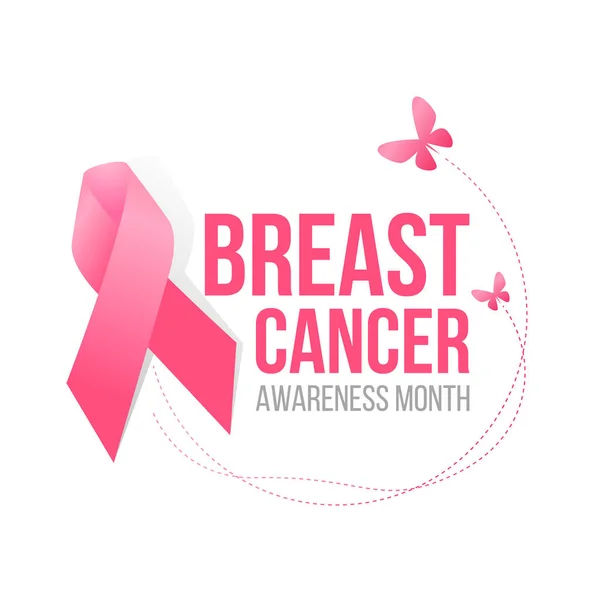 Breast Cancer Awareness Month Banner Pink Ribbon Butterfly Flying Sign — Stockvector
