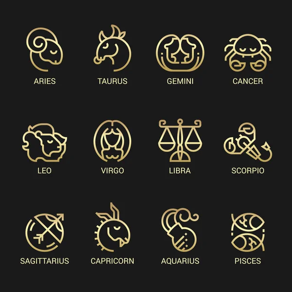 Horoscope Gold Simple Line Border Astrology Icons Black Background Vector — Stok Vektör