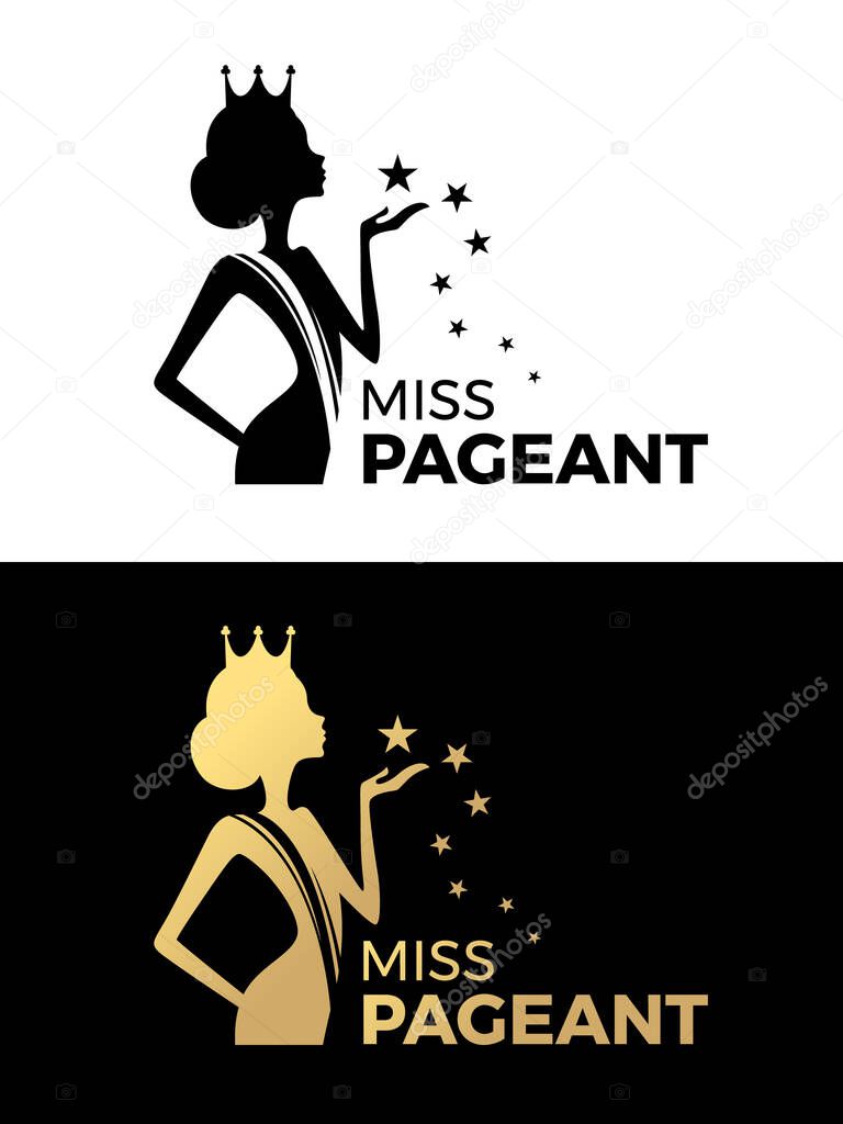 Miss pageant logo sign with Beauty queen wear a crown and  hold star vector design