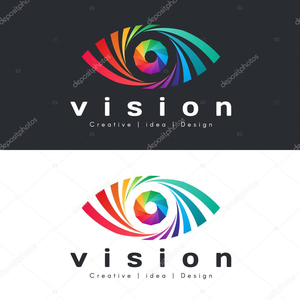 Eye vision logo with abstract colorful rainbow eye on dark and white background vector design