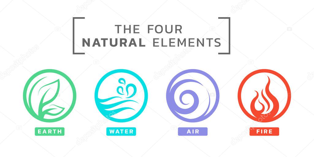 4 elements of natural circle line art icon sign with earth water air fire vector design