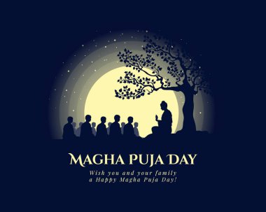 Magha puja day banner with The Buddha giving a discourse on the full moon day vector design clipart