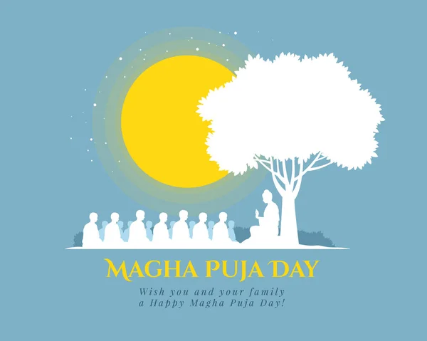 Magha Puja Day Banner Nightly Scenery Buddha Giving Discourse Full — Διανυσματικό Αρχείο