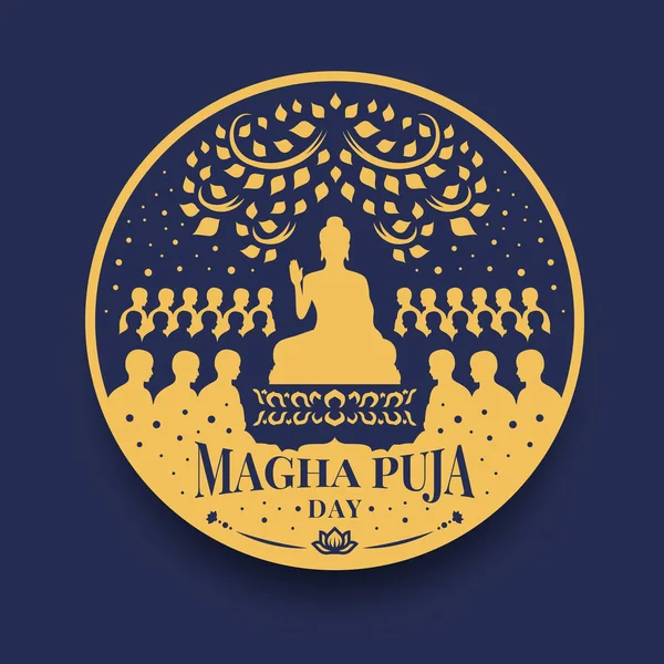 Magha Puja Banner Lordul Buddha Predica Călugări Cerc Semn Vectorial — Vector de stoc