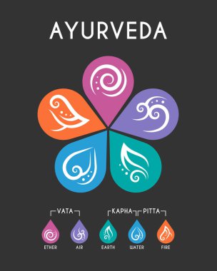 The Five elements of Ayurveda flower circle chart with ether, water, wind, fire and earth icon sign vector design