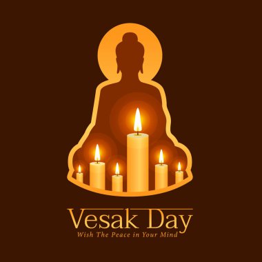 Vesak day banner with candle light for remember the Lord Buddha in buddha sign frame on dark brown background vector design