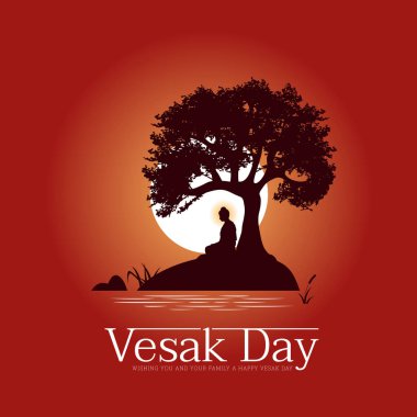 Vesak day banner with The Lord Buddha meditated under Bodhi  trees on a full moon night near the stream vector design clipart