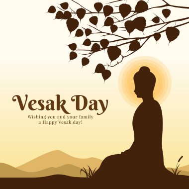 Vesak day with scenery The Lord Buddha Meditation under bodhi tree vector design clipart