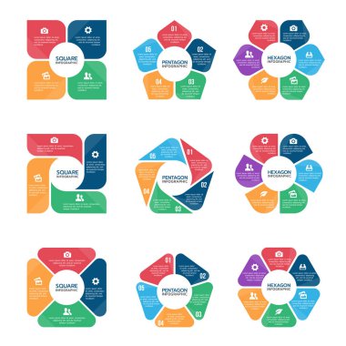 Square pentagon and hexagon infographic chart  (part four, part Five and part six) vector set design